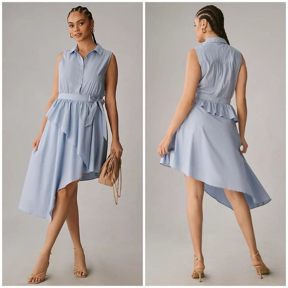 Anthropologie Maeve Asymmetrical Sleeveless Shirt Dress Preppy Classic Size 8